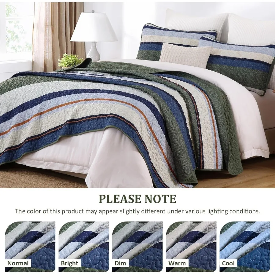 Boho Bedspread Queen Size Lightweight Soft Olive Green Blue Striped Bedding Set with 2 Pillow Shams 96x90 Ideal for Modern Livi