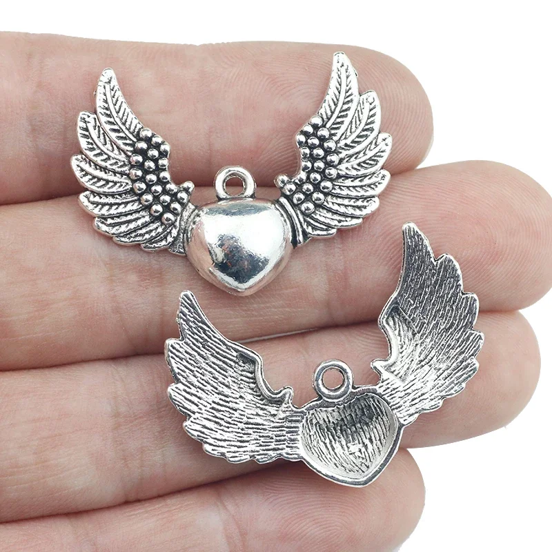 6 Pieces 27*35mm Antique Silver Color Wings to Fly Angel Charms Keychain For DIY Jewelry Making