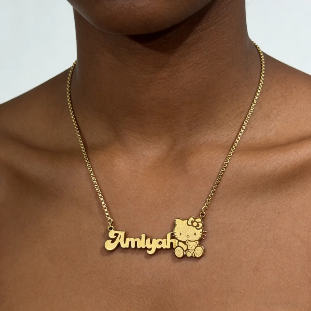 Custom Name Etched Hello Kitty Necklace For Women Cute Jewelry Personalized Box Chain Cartoon Cat With Tedder Pendant Best Gifts