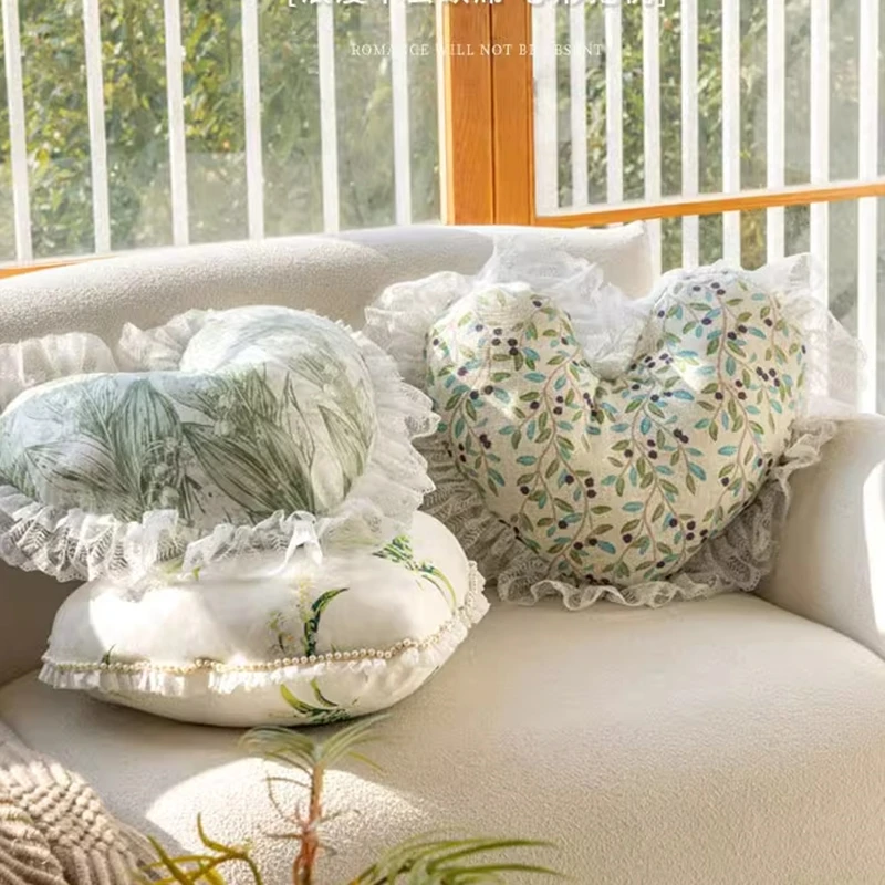 Cute Heart-Shaped Cushion lace frill Pillow Sofa Green Plants Printed Throw Pillow Backrest