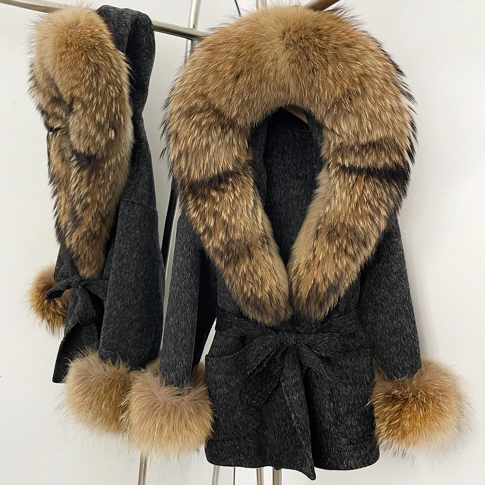 Women's Wool Blends Coat Fox Fur Collar Jacket Cuffs Belted Tie Waist Warm Winter Luxury Elegant Old Money for Office Party Wear