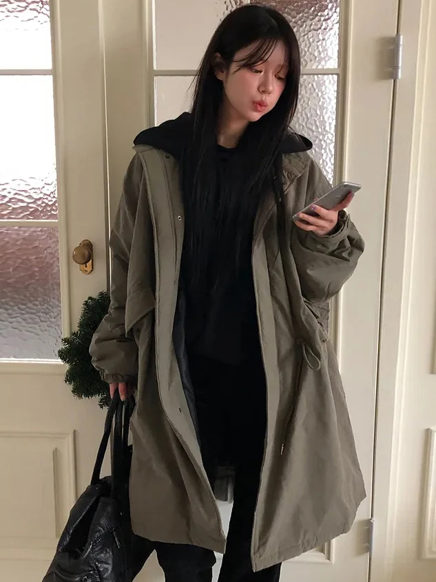 

Korean Sle Versatile Long Cotton Jaet Women's Winter New Zipper Warm Cotton Windbreaker Dstring Waistcoat