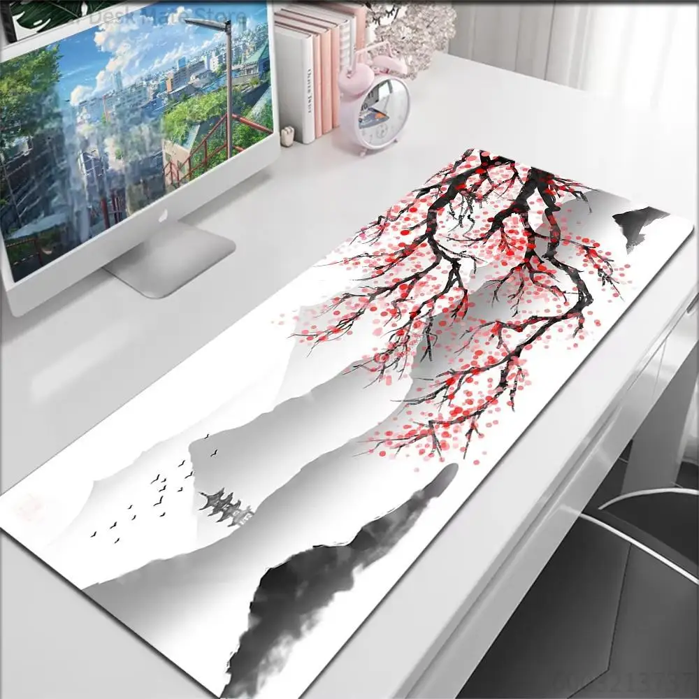 Chinese Ink‑wash Plum Blossom Large Gaming Mouse Pad, Oriental Landscape Non‑Slip Desk Mat
