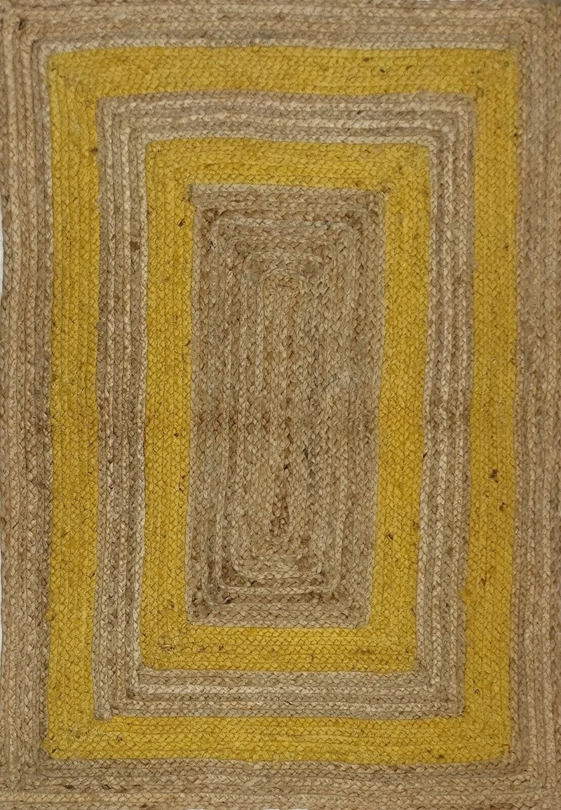 Area Rug Jute Carpet Rustic Look Yellow Striped Rectangle Decorative Rug 100% Natural Jute Braided Handmade Runner Rugs