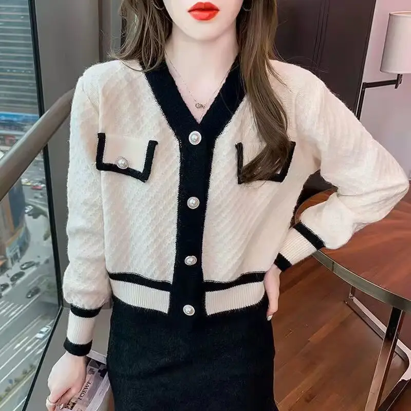 Women Korean Style Contrast Color Sweet Kawaii Chic Button Knitted Cardigan Casual V Neck Long Sleeve Loose Elegant Sweater Coat