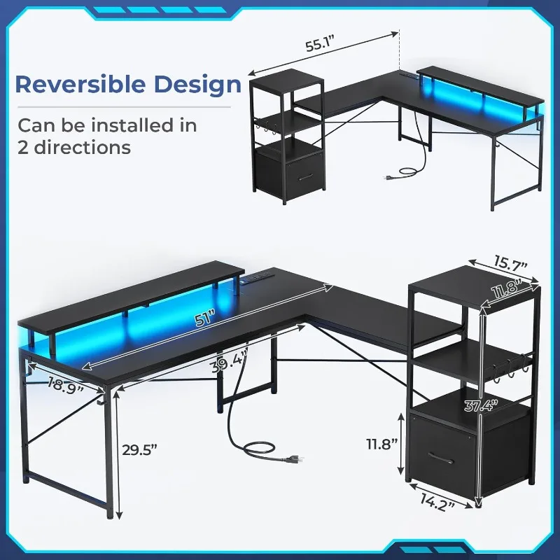 L Shaped Gaming Desk, with Storage Shelves, with Power Outlets & LED Lights, Fabric Drawer, Monitor Stand and Hooks, Black