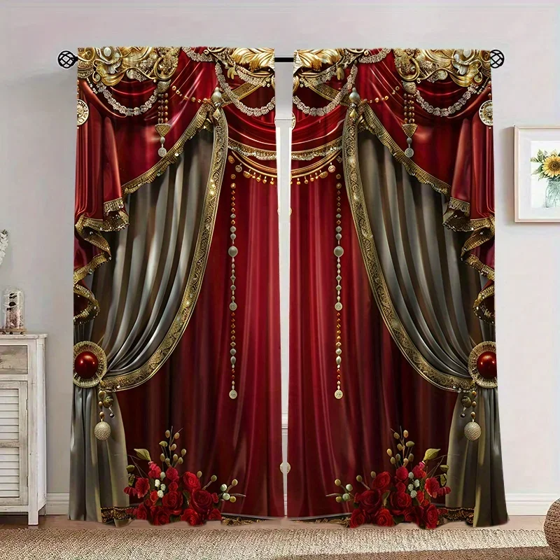 2pcs Red false background printed curtains, pole bag curtains 30*65, bedroom and living room, room decoration, home decoration