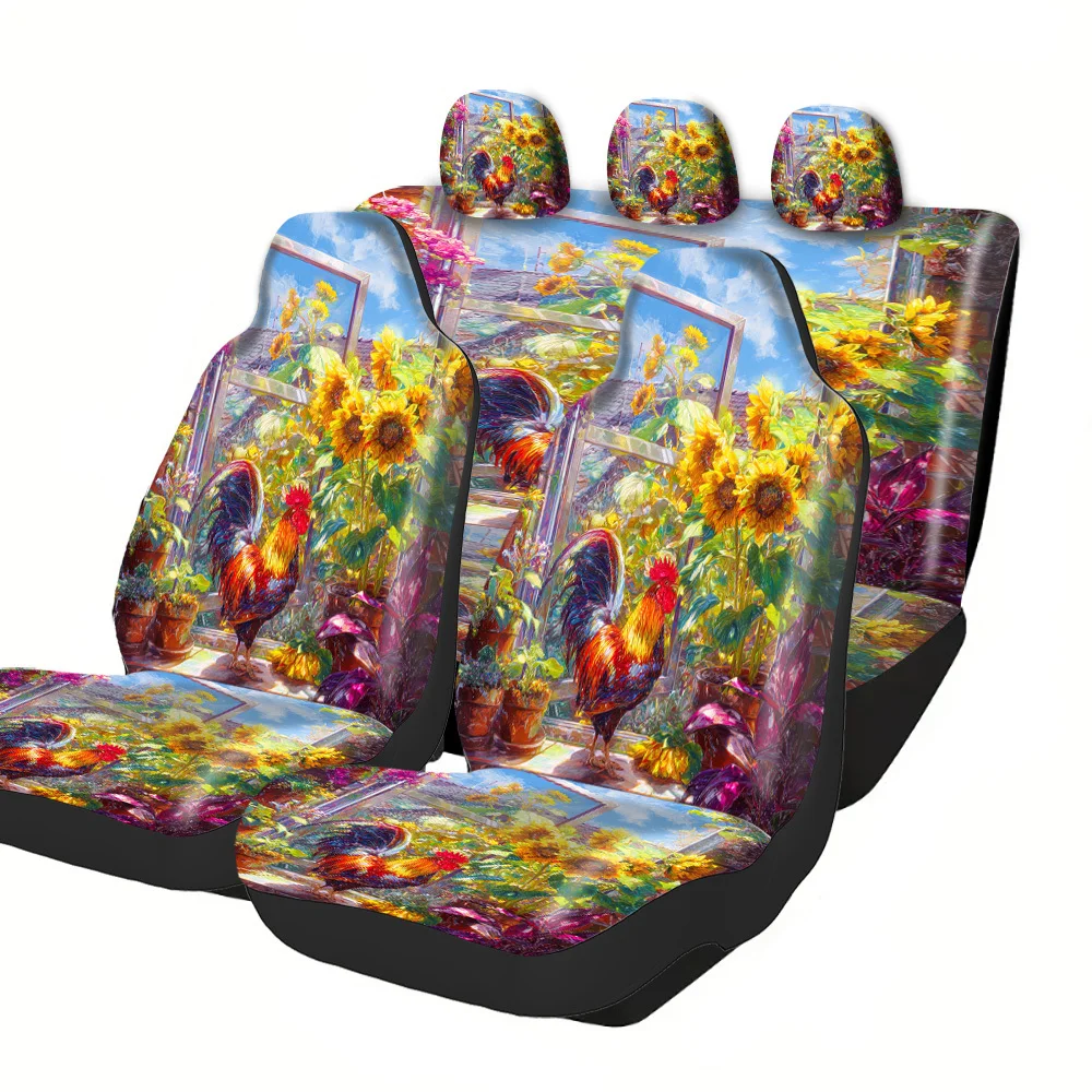 2-5 Seat Set Car Seat Covers Premium Fit Rooster Sunflower Print Breathable For Truck SUV Off-road Car Festive Halloween Christ