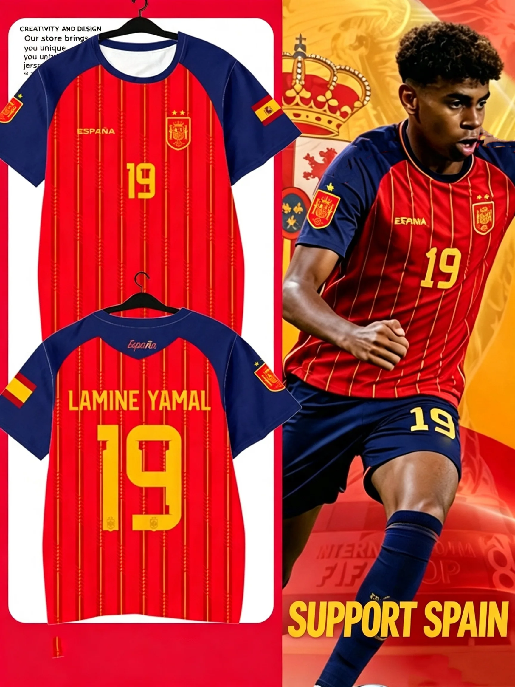 Image of 2026 Spanien Team Spieler-Stil Yamal Fußballtrikot # 2 # 3 # 11 # 15 # 17 # 22 # 24 Schnelltrocknendes Kurzarm-T-Shirt für Kinder, Familien-Fan-Kid
