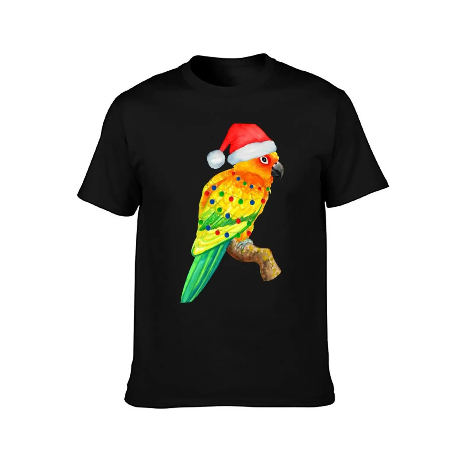 Christmas Sun Conure Parrot Santa Hat & Christmas Lights T-Shirt Retro Graphic Print T-Shirt