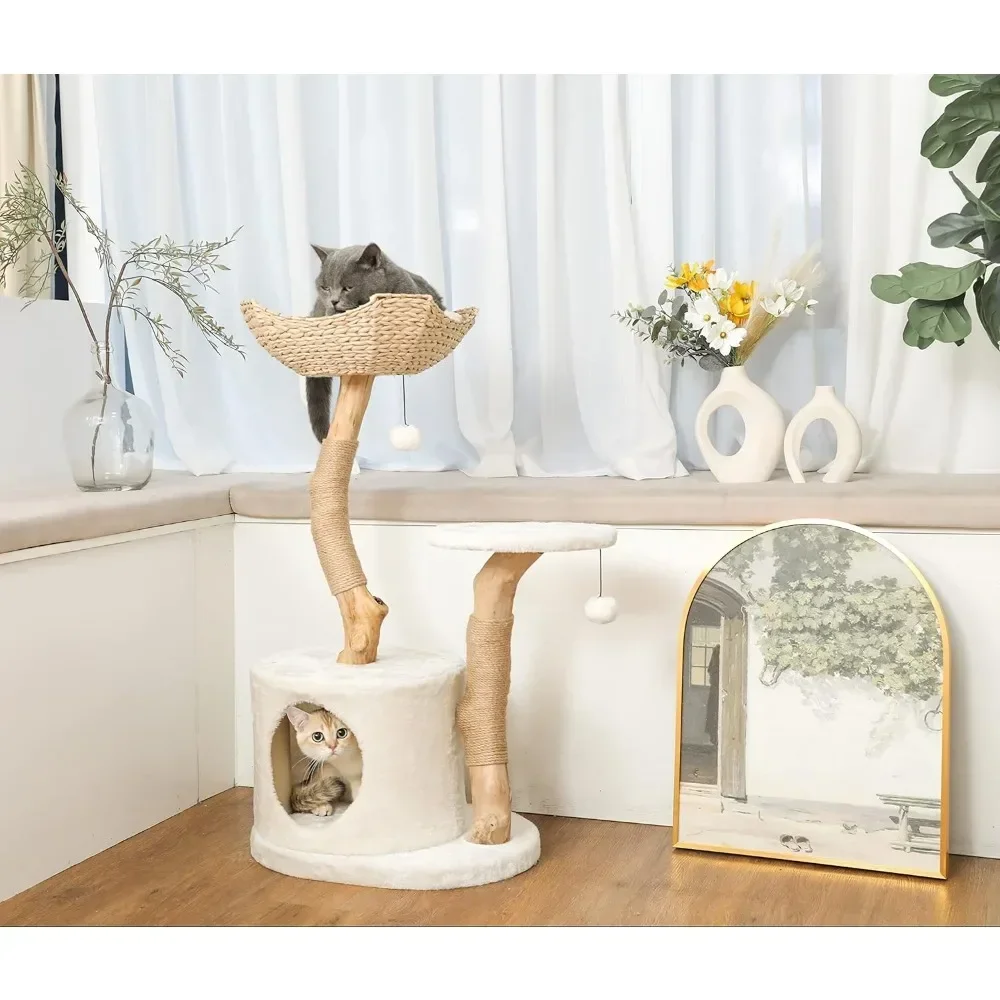 Imagem -06 - Árvore Interna Moderna para Gatos Pequenos Madeira Real Torre do Gato com Arranhador Gabinete de Esconder Unique Boho Branco