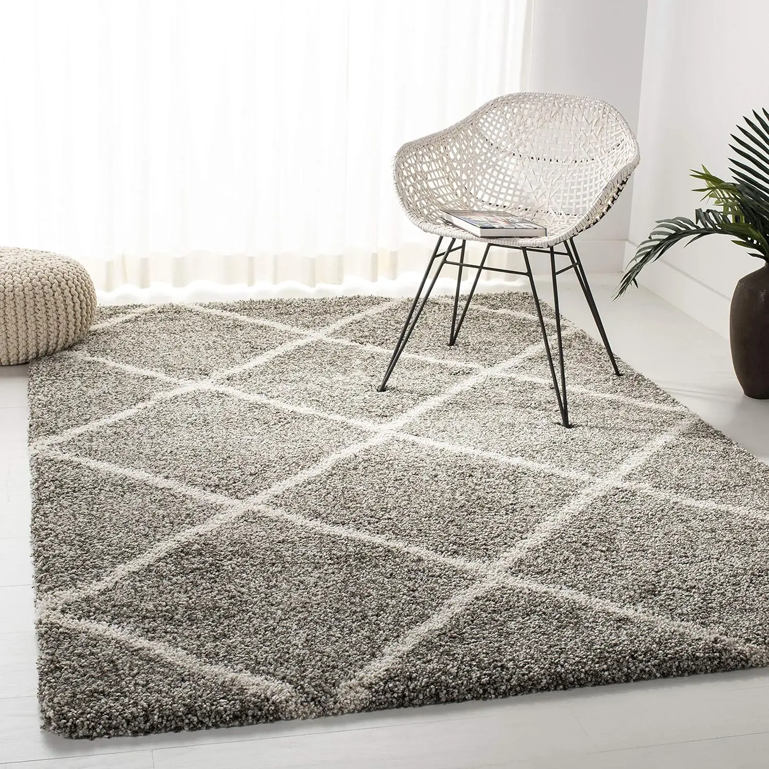 

Hudson Shag Collection Area Rug - 8' x 10', Grey & Ivory, Modern Trellis Design, Non-Shedding & Easy Care