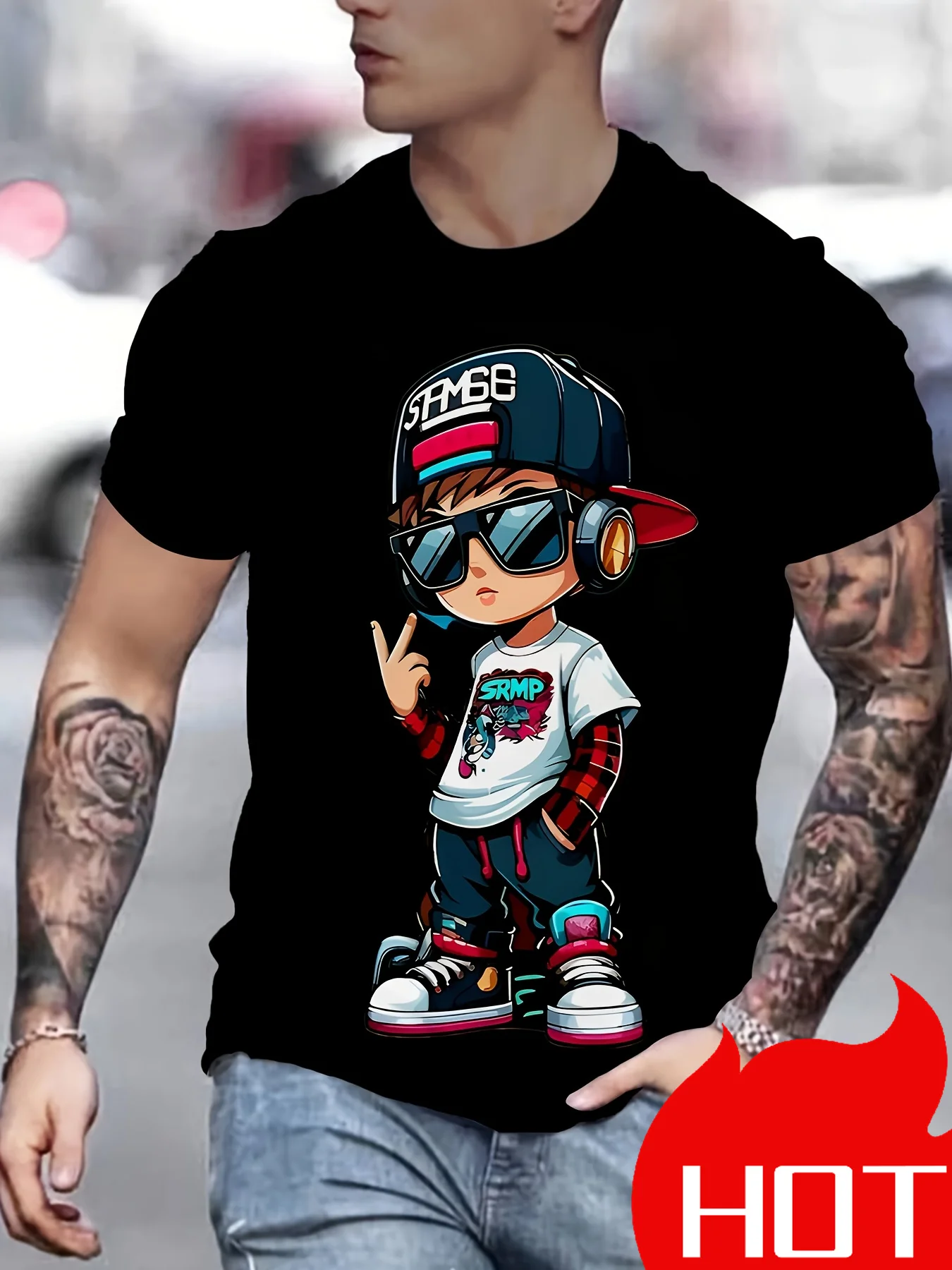 Men Hip Hop Cartoon Boy Graphic T-Shirt, Round Neck Short Sleeve Streetwear Tee Hot Selling Thin Fashion Casual Top