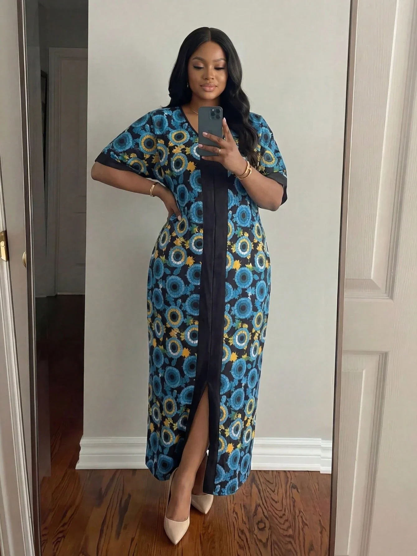 

Elegant Vacation Style Allover Print Contrast Color V-Neck Loose Maxi Dress Summer