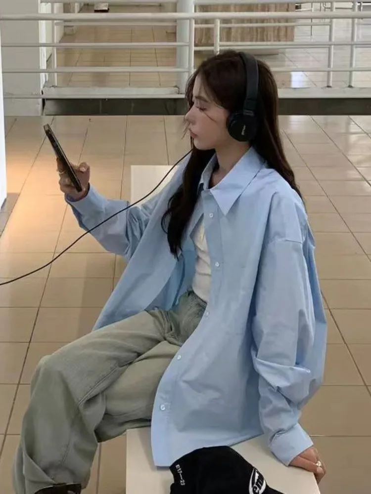 

Синяя повседневная рубашка с длинным рукавом для женщин, весна 2026, новый стиль, универсальная, свободного кроя, в корейском стиле, для создания непринужденного образа, верхняя одежда/пальто