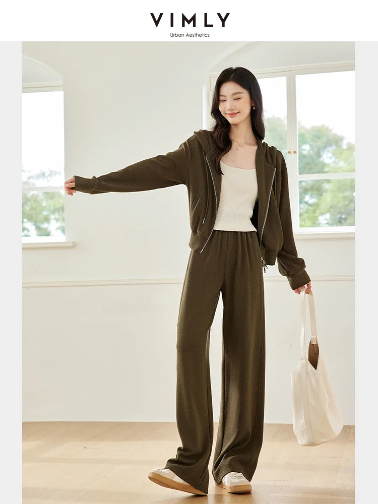 VIMLY Women Autumn Simple Solid Hooded Top Thin Jacket Wide Leg Pants 2pcs Set Women\'s Office Lady Pants Set Casual Tracksuit