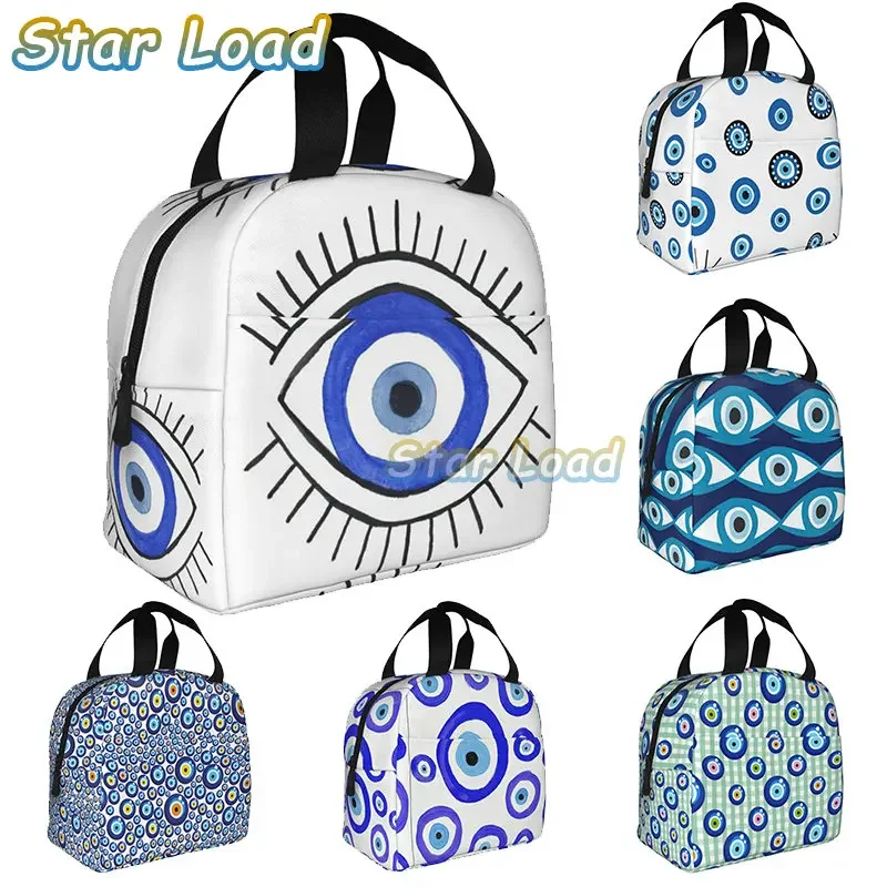 

Navy Blue Aqua Nazar Evil Eye Lucky Charm Insulated Lunch Bag Amulet Boho Cooler Thermal Lunch Box Tote Office Picnic Travel