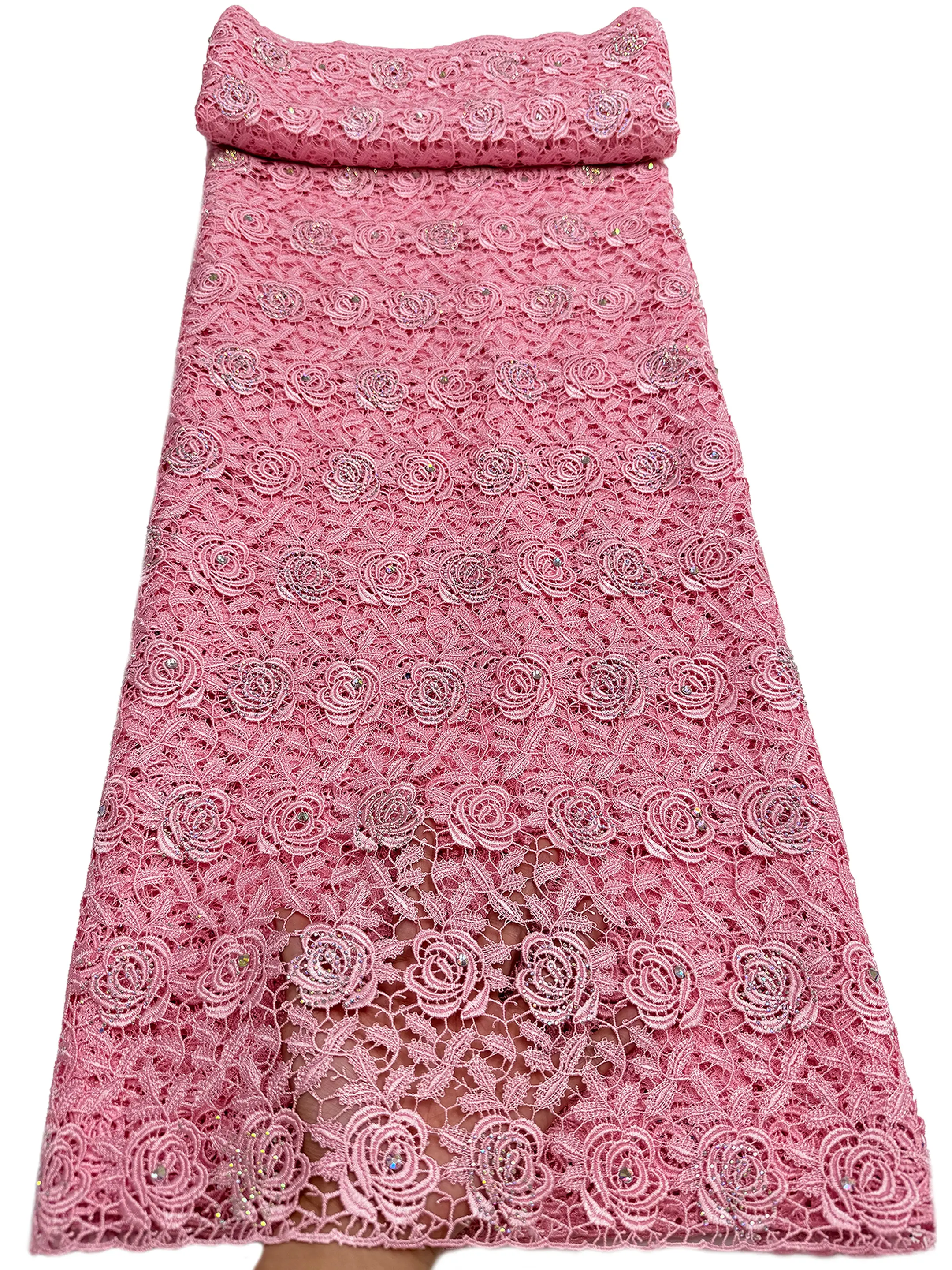2026 African High Quality Guipure Cord Lace Fabric Water Soluble With Diamonds 5 Yards For Wedding Party Dresses Sewing Material