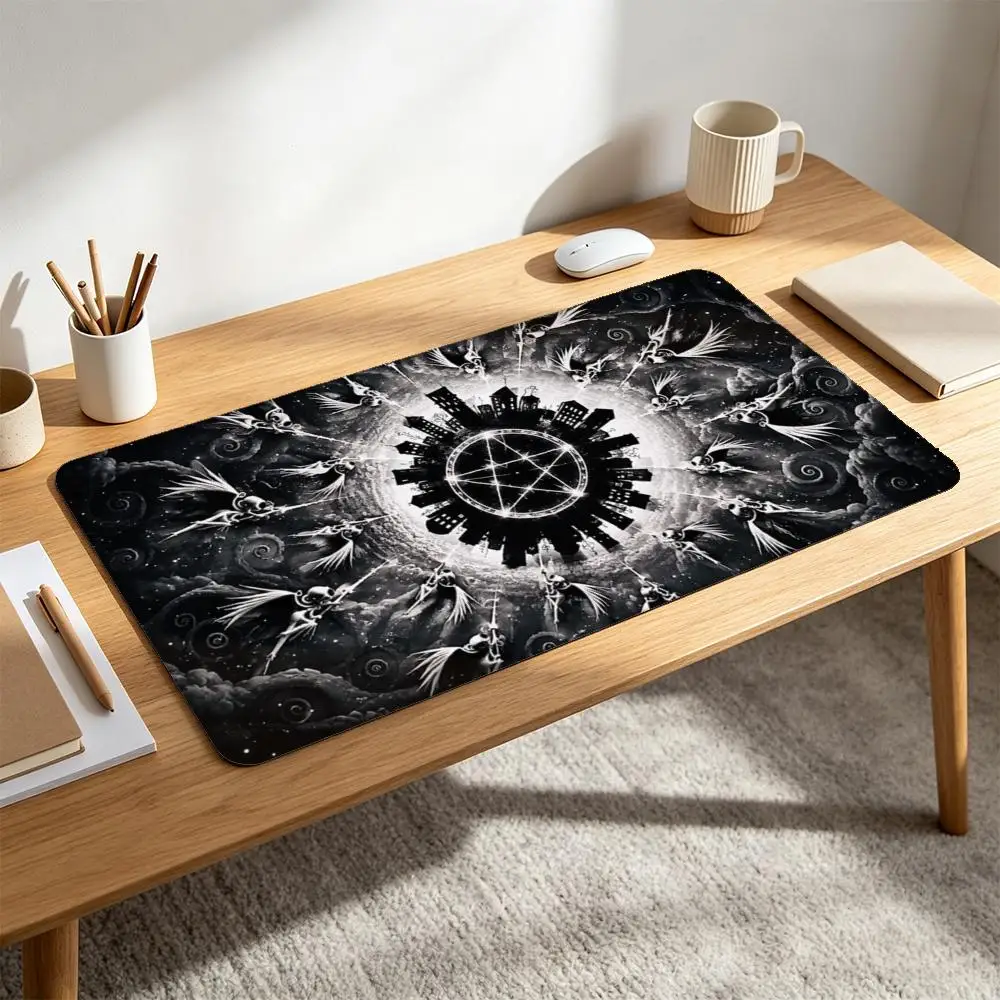 Occult Dark Magic Pentagram Skeleton Angel Desk Mat, Waterproof Surface Stitched Edge Non-Slip Rubber Large Mouse Pad for Home