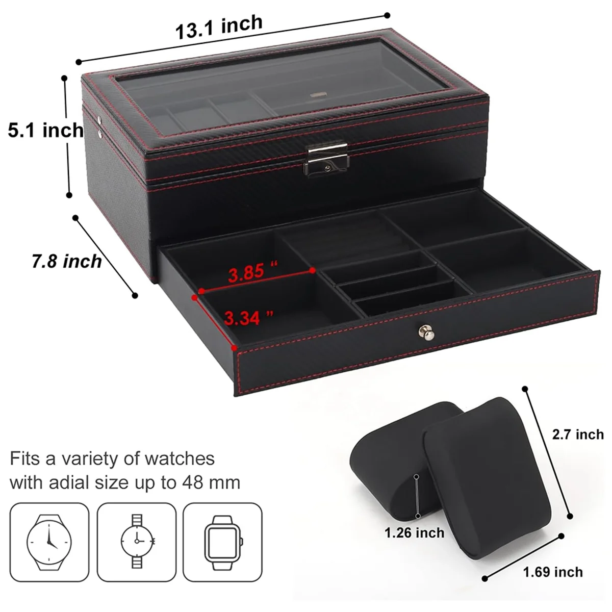 Коробка для часов T35C, мужская шкатулка для драгоценностей с 6-слотовым футляром для часов и 3-слотовым органайзером для солнцезащитных очков, 2-слойный запираемый держатель для часов