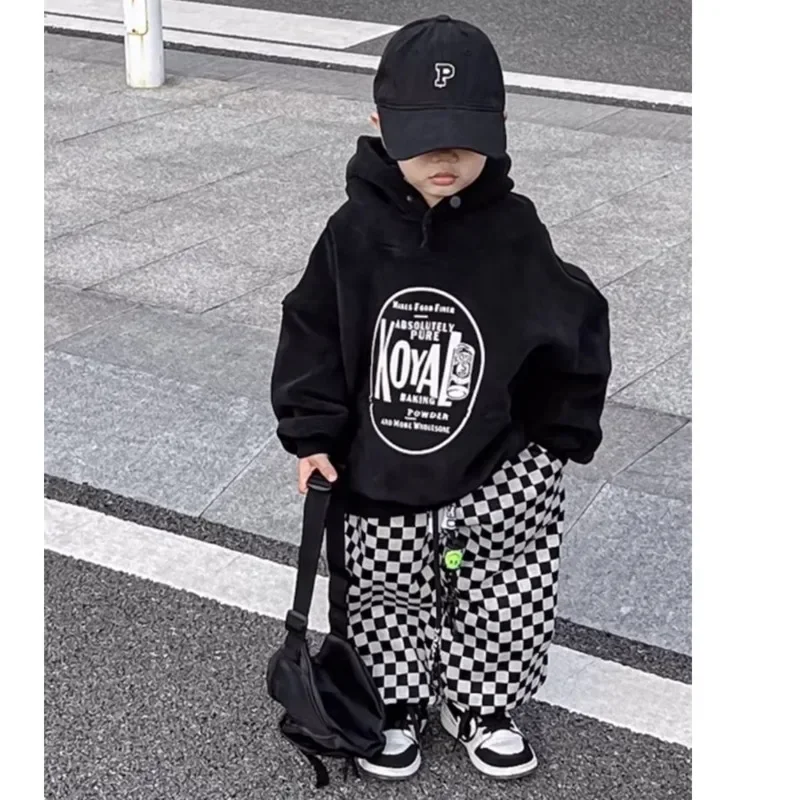 Boys' Hoodies Panst Two-piece Sets Spring Plush Sweater Korea Fahion Letter Print Loose Plaid Pants Handsome Vintage Suits