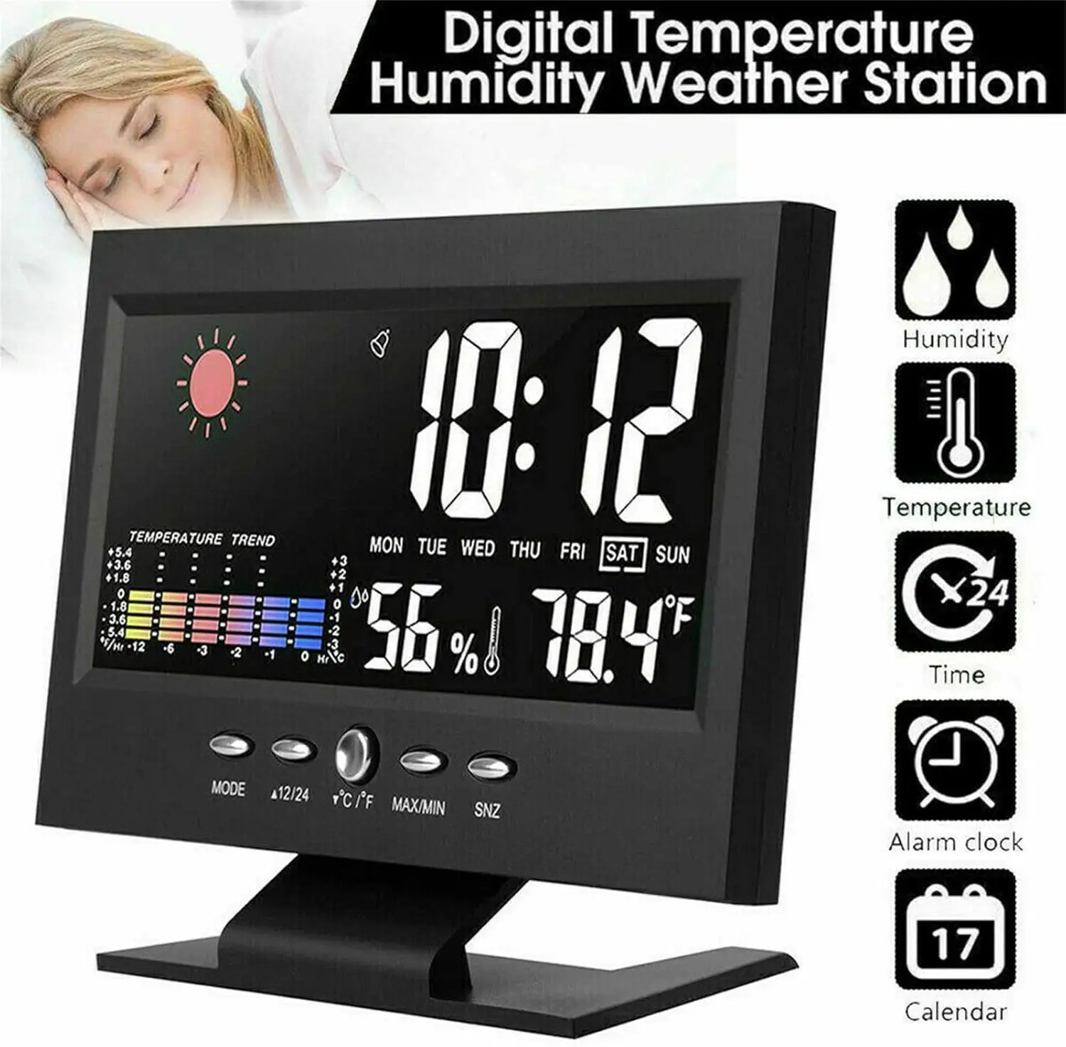 5-in-1 Led Digital Alarm Clock Calendar Weather Display Thermometer Humidity Monitor with Snooze Functions, For Home Office  ﻿