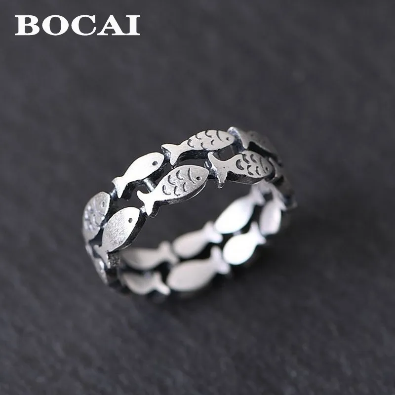 BOCAI S990 Silver Matte New Double Row Hollow Fish Ring for Men and Women Couple style Fashion and Temperament Jewelry