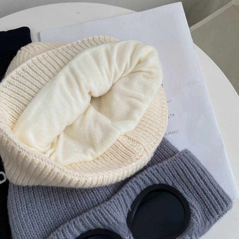 في الهواء الطلق الدراجات القبعات الشتاء الدافئة قبعة صغيرة النساء الرجال الشتاء يندبروف نظارات محبوك قبعة قناع التزلج