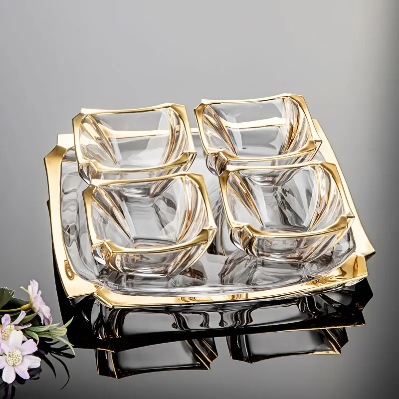 5PCS Glass Fruit Bowl Transparent Glass Bowl with Golden Side Square Bowl Living Room Coffee Table Candy Dried Fruit Snack Plate