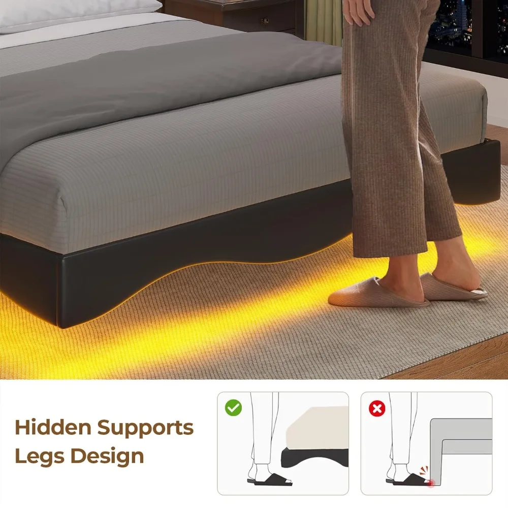 Zwevend Bedframe Kingsize Met Laadstation En Verborgen Opberghoofdeinde, Gestoffeerd Platformbed Met Rgb Led-Verlichting