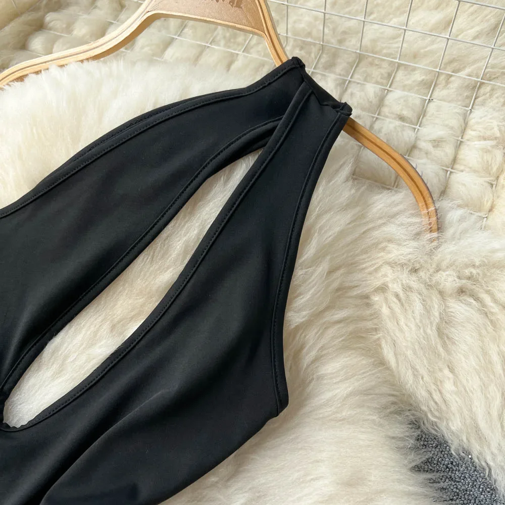 Hotsweet أنيقة الجوف خارج واحد الكتف شيك داخلية قطري الرقبة أعلى مثير الشارع الشهير شارع العليا الخريف الشتاء بذلة #6