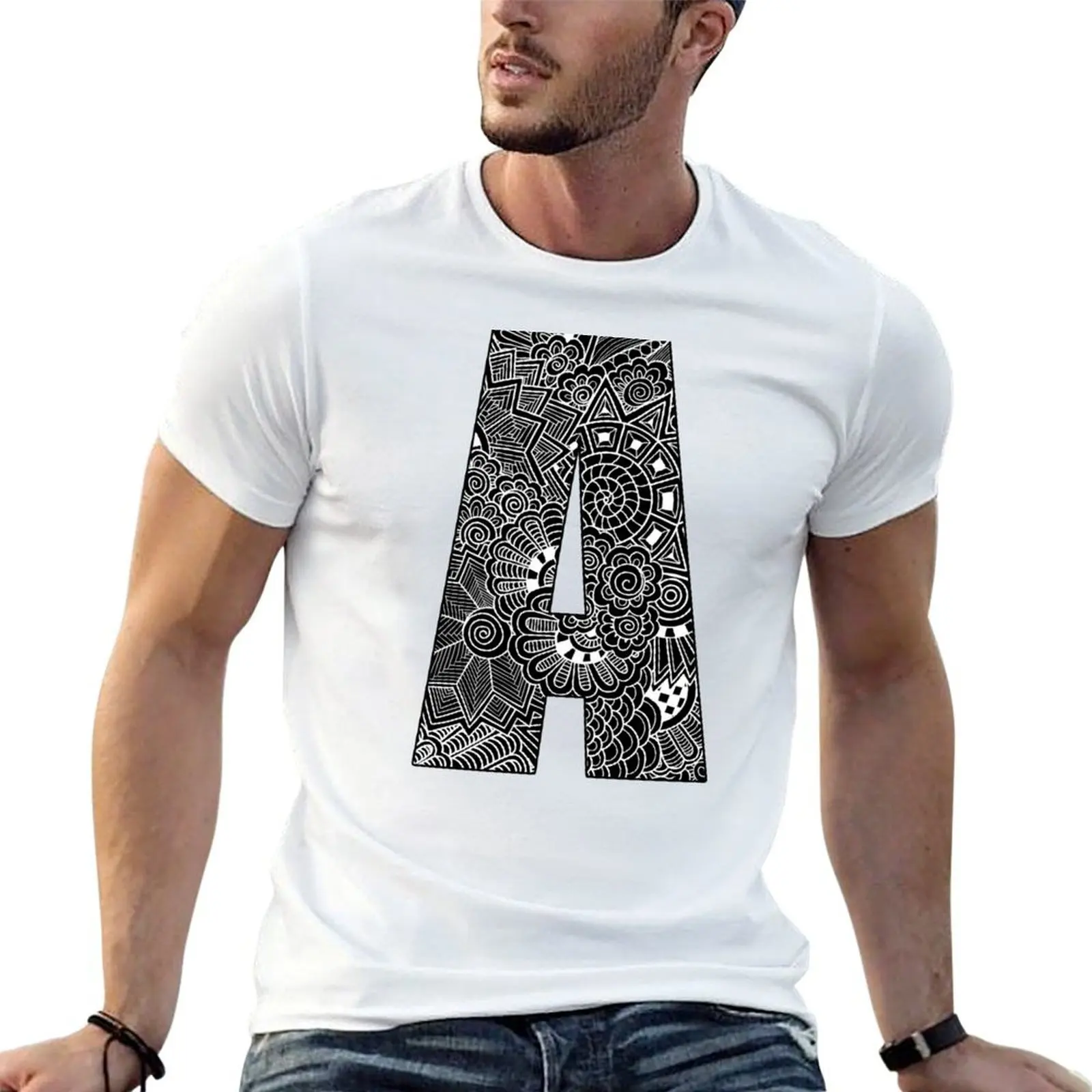 

Monogram Letter A Black and White Flowers T-Shirt man t shirt heavy cotton man t shirts cotton T-Shirt