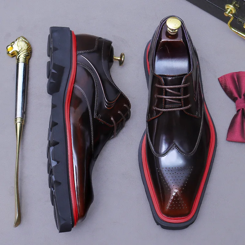 Men's Patent Leather Wingtip Brogue Derby Shoes Burgundy Gradient Business Dress Shoes Thick Sole Non Slip Footwear for Office
