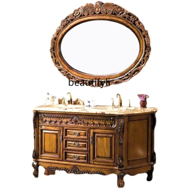 

European-Style Bathroom Cabinet Red Oak Bathroom Washstand Solid Wood Antique Bathroom Cabinet Hand Washing Cabinet