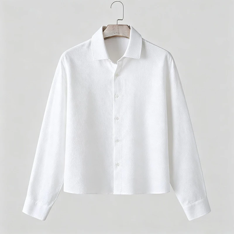 Autumn Men's Textured Cropped Shirt Lapel Long Sleeve Open Front Loose Fit Casual Blouse Minimalist Streetwear Short Shacket Top