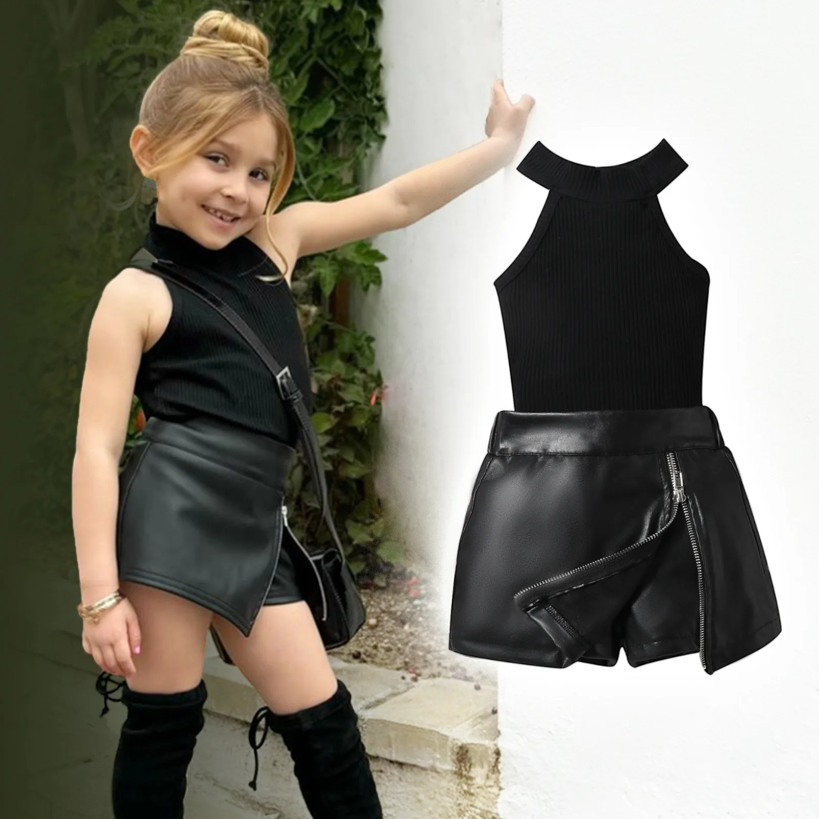 2-6Y Fashion Little Girl Outfit Set Solid Ribbed Sleeveless Ribbed Tank Tops Leather Zipper A-line Skorts 2 Pcs Children's Sets