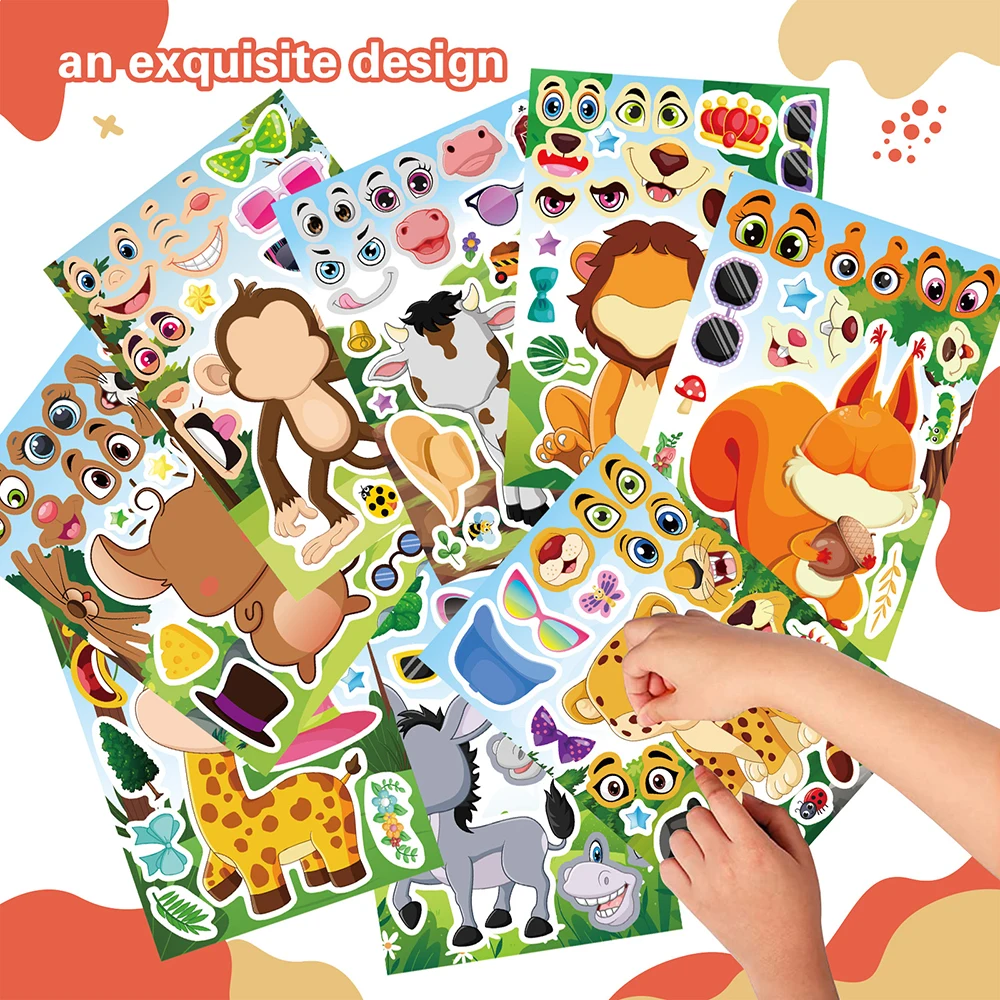 8/16Sheets Kids Animals Make a Face Puzzle Stickers Create your own Monkey Lion Giraffe Children DIY Jigsaw Reward Party Favors