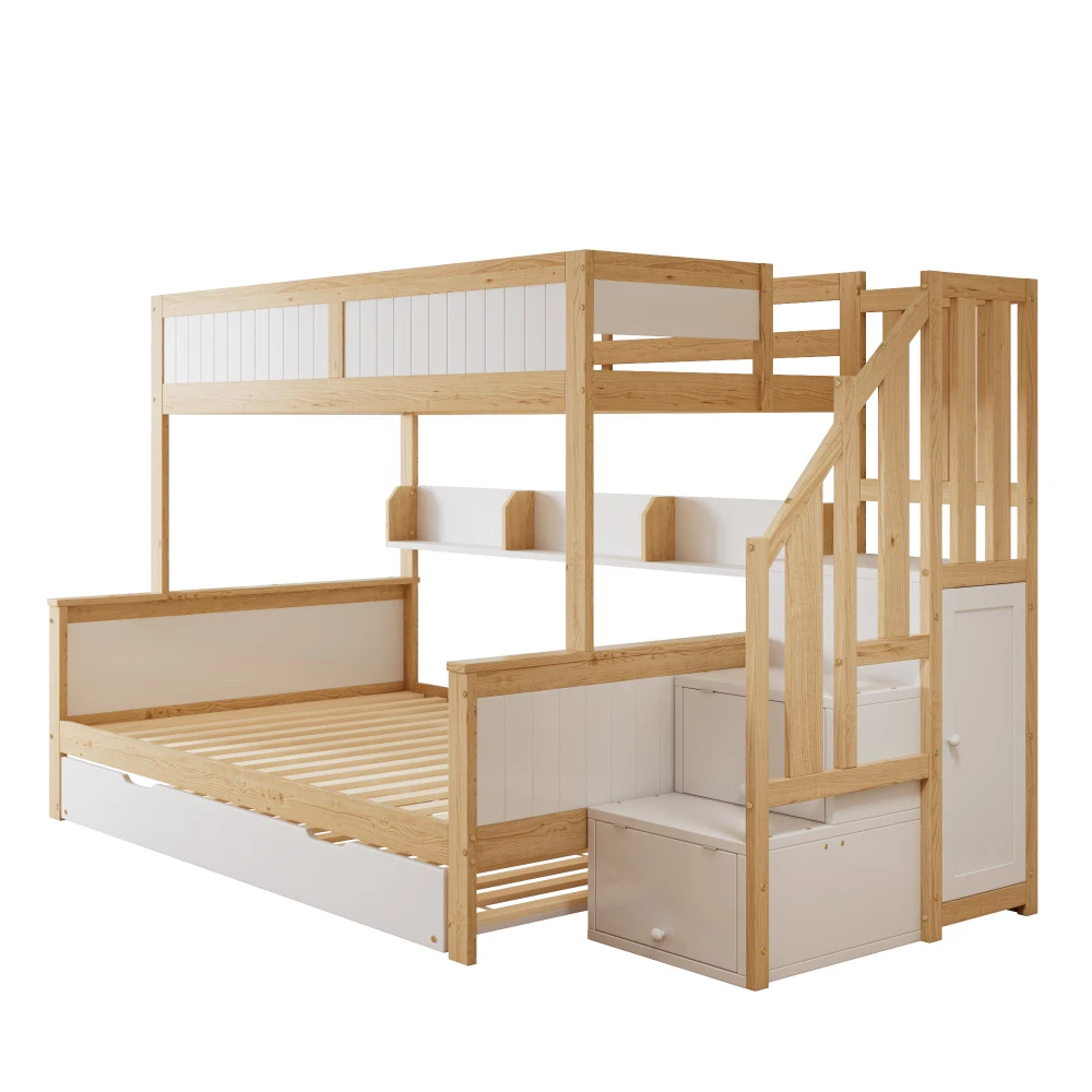 PINGGO Etagenbett 90x200/90x190/120x200cm mit Fallschutzgitter, 3-stöckiges Rollbett mit Kleiderschrank und Eck-Treppe, ohne Matratze – Detail 12