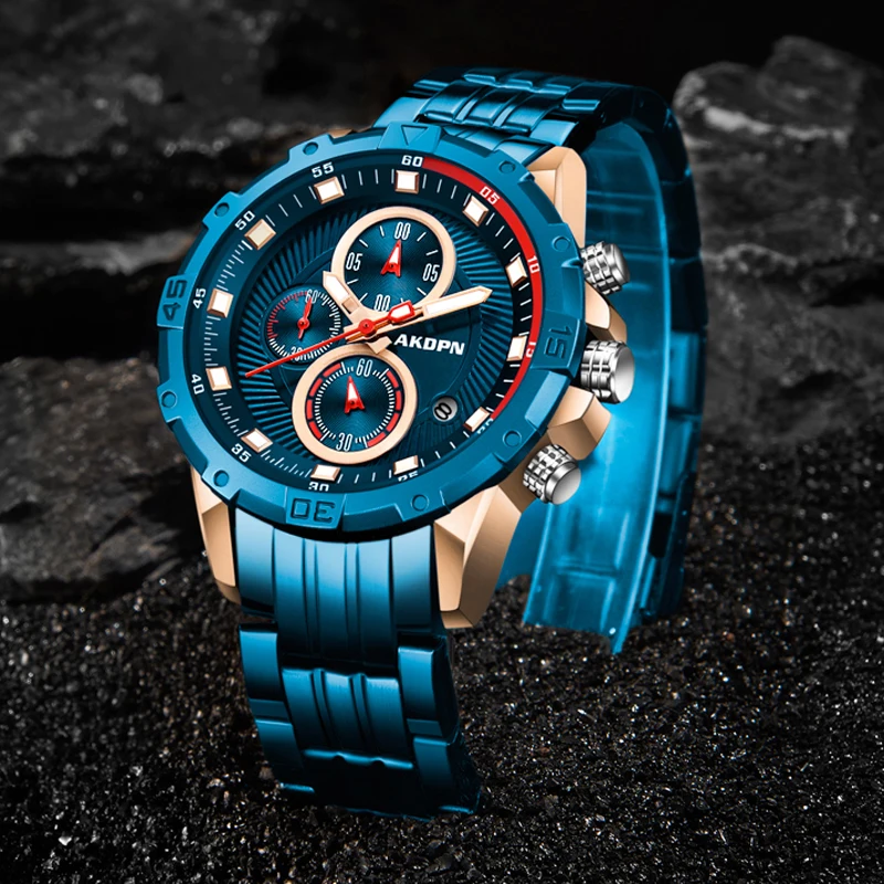 ساعات رجالية فاخرة جميع الصلب الأعمال ساعة كوارتز مقاوم للماء الأعمال الرياضة كرونوغراف ساعة مضيئة للرجال Relogio العسكرية