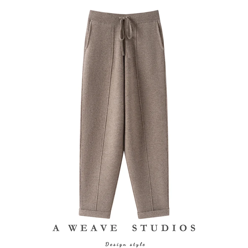 Autumn Winter Women 100% Cashmere Trousers Fashion New Style Thick Warm Pencil Pants Comfortable Elastic Waist Knit Pants
