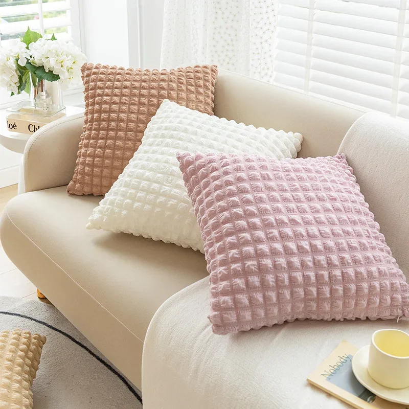 Cotton Hug Pillowcase 45*45CM Ins Style Solid Color Elastic Puff Plaid Sofa Cushion Home Decor Simple Cream Pink Pillow Cover