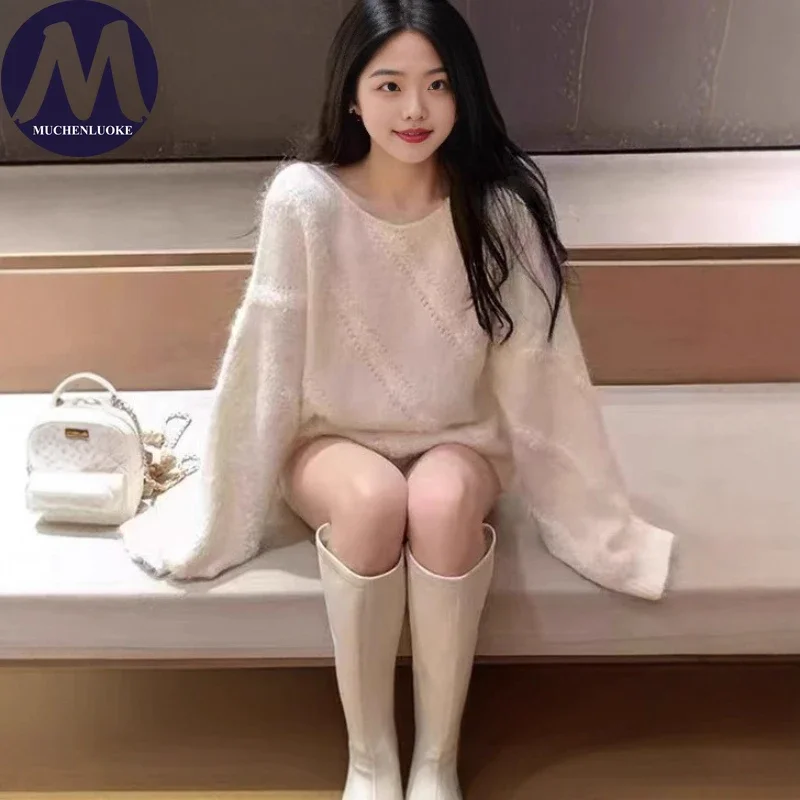 أنيقة طويلة الأكمام س الرقبة محبوك سترة للنساء الكورية أزياء عارضة فضفاضة سميكة الدافئة الخريف الشتاء السترة