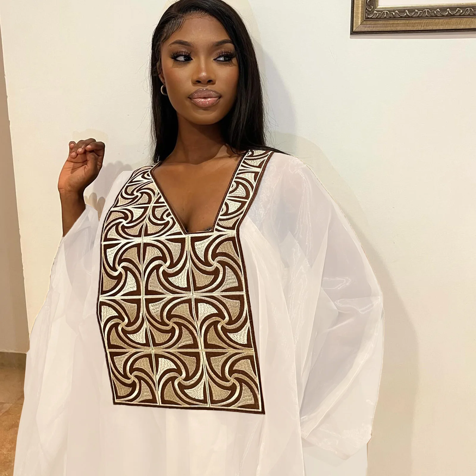 African Attire For Women White Abaya Embroidery Plus Size Elegant Party Church Dress With Scarf