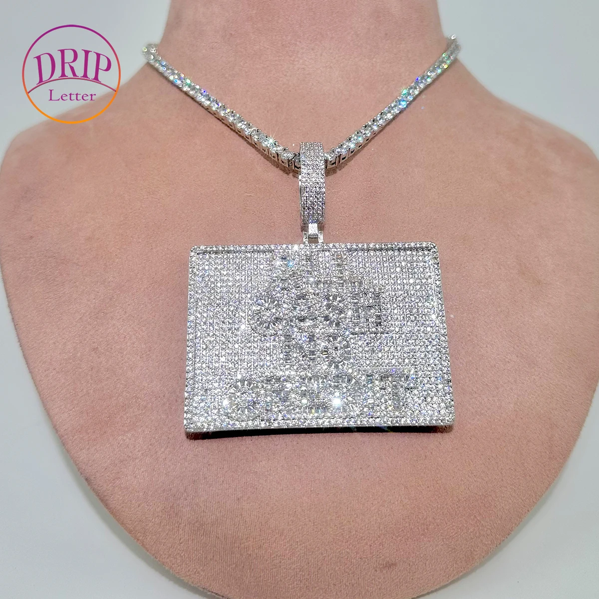 Drip Letter Iced Out All Cash No Credit Necklace Pendant for Men Real Gold Plated Hip Hop Jewelry