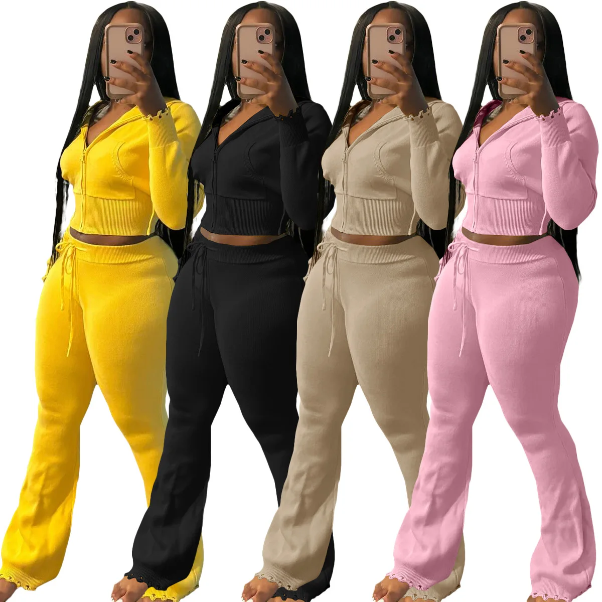 

Two Pieces Women Pant Sets Knitted Matching Set Solid Long Sleeves Coat Drawstring Waist Pants Slim Elegant Casual 2026 Autumn