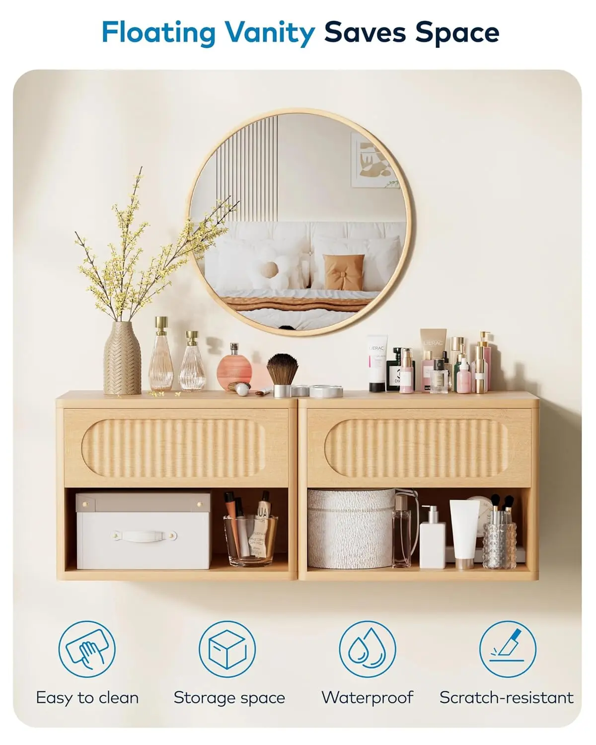 Wooden Fluted Floating Nightstand Set of 2, Wall Mounted w/Drawer & Shelf, Waterproof & Scratch-Resistant, Metal Glide