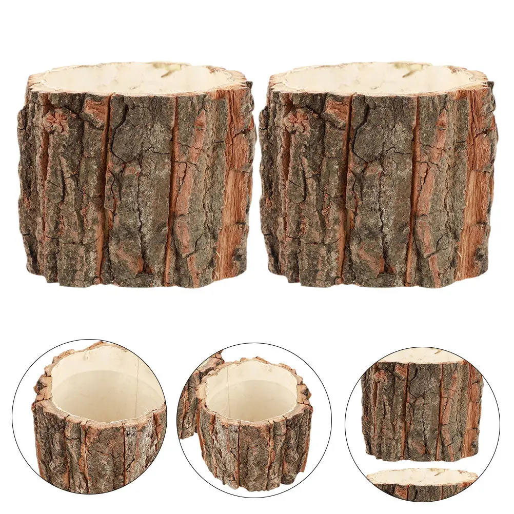 2Pcs Wood Stump Flower Pots Rustic Wood Barrel Planters Farmhouse Style Decorative Buckets for Outdoor Indoor Plants Home Office