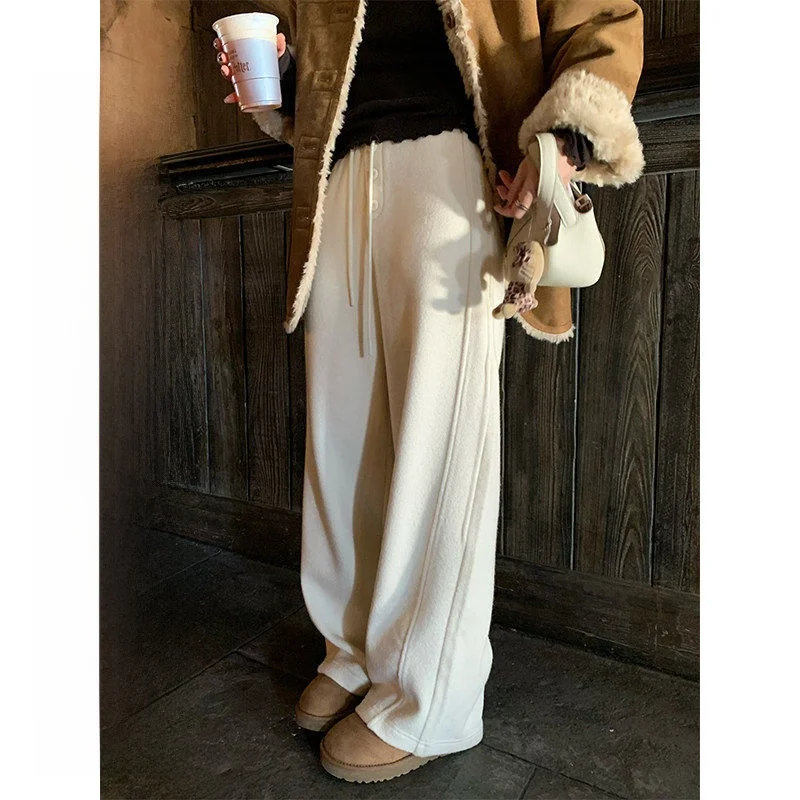 

Мягкие брюки из рисовой шерсти с флисовой подкладкой, облегающие, повседневные, с высокой талией, прямые, универсальные, из зимней коллекции