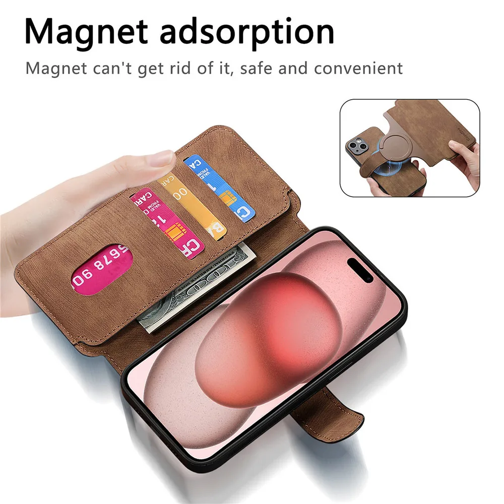 2-in-1 abnehmbare Magnetkarten Solt Wallet Book Case für iPhone 16 15 Pro Max 14 Plus 13 12 Wireless Charging Flip Holder Cover