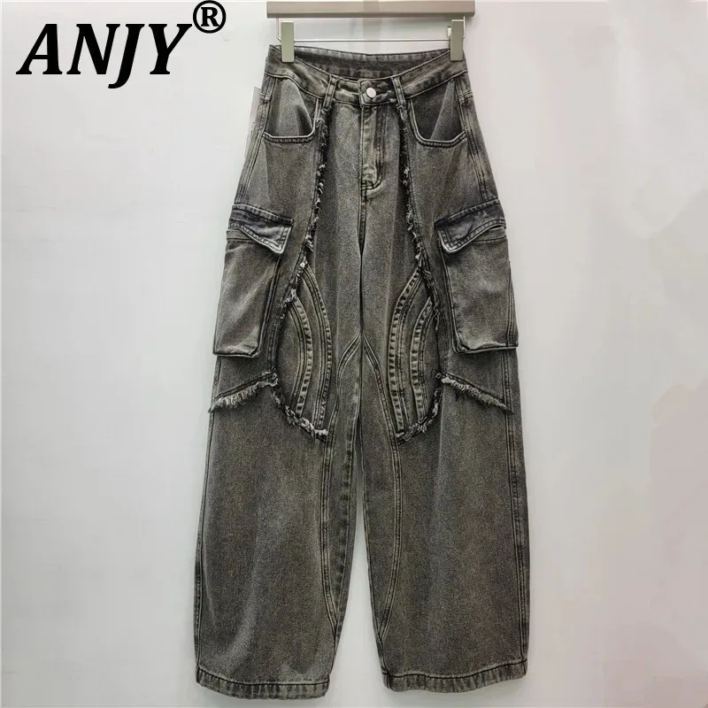 

ANJY Autumn New Women Chic Stylish Jeans Multi-Pocket Frayed Hem Safari Style Streetwear Vintage Trendy Casual Denim Pants A9363